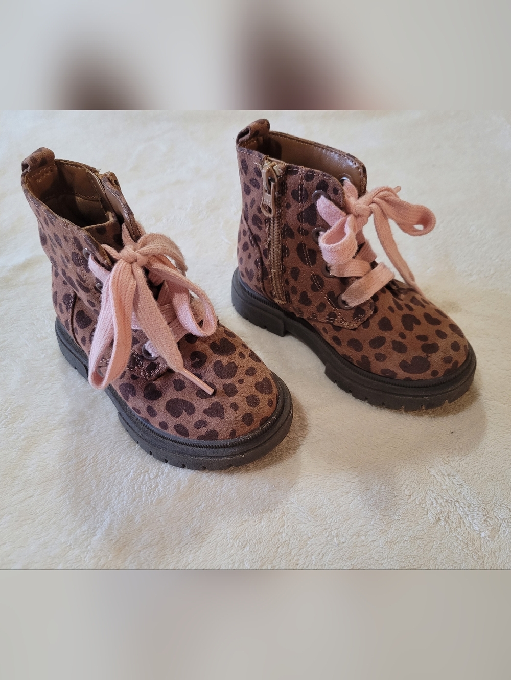Cat & Jack Girls Leopard Print Work Boots Zipper Pink Laces Size 7